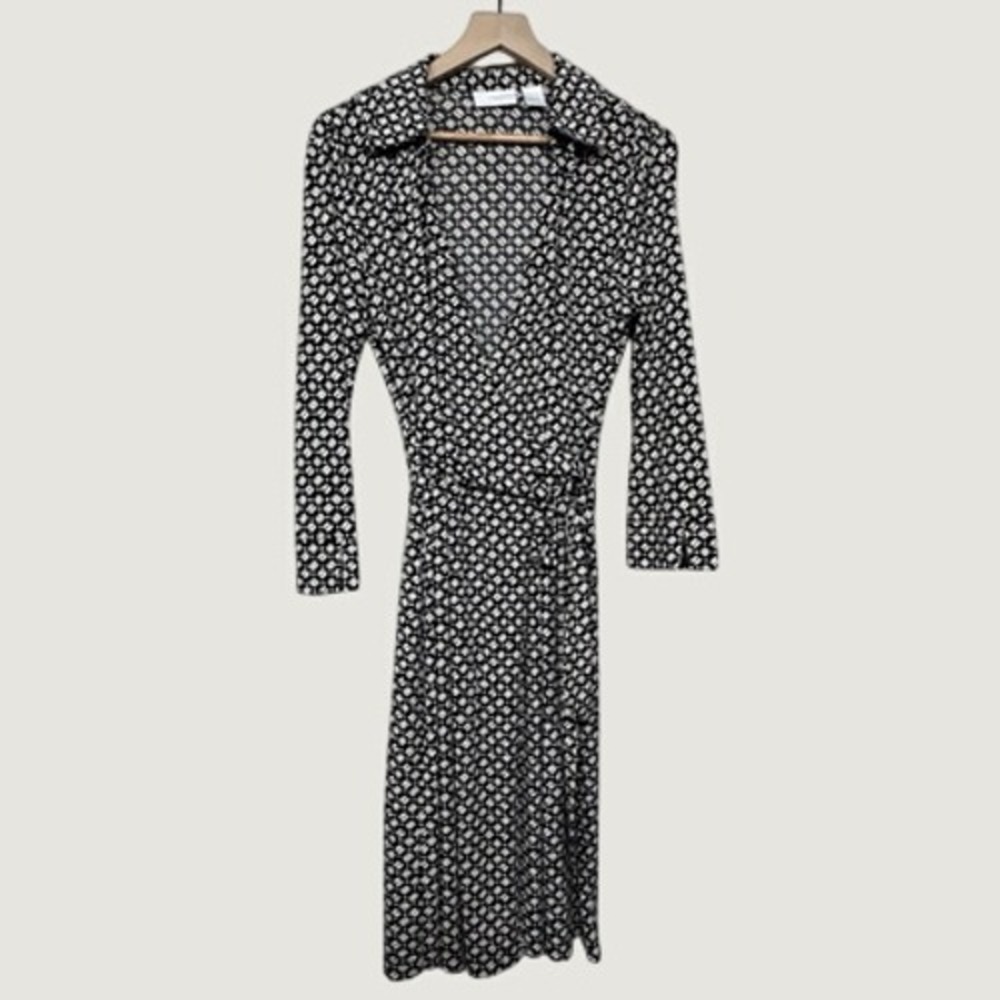 Worthington Dress Womens M Black White Geometric Print Wrap Long Sleeve